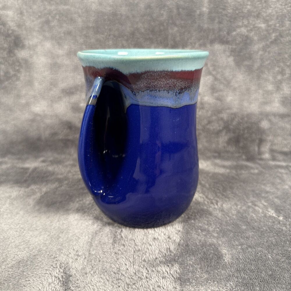 Neher Pottery Mug Hand Warmer Coffee Cup Left Handed Signed Teal And Blue 2022